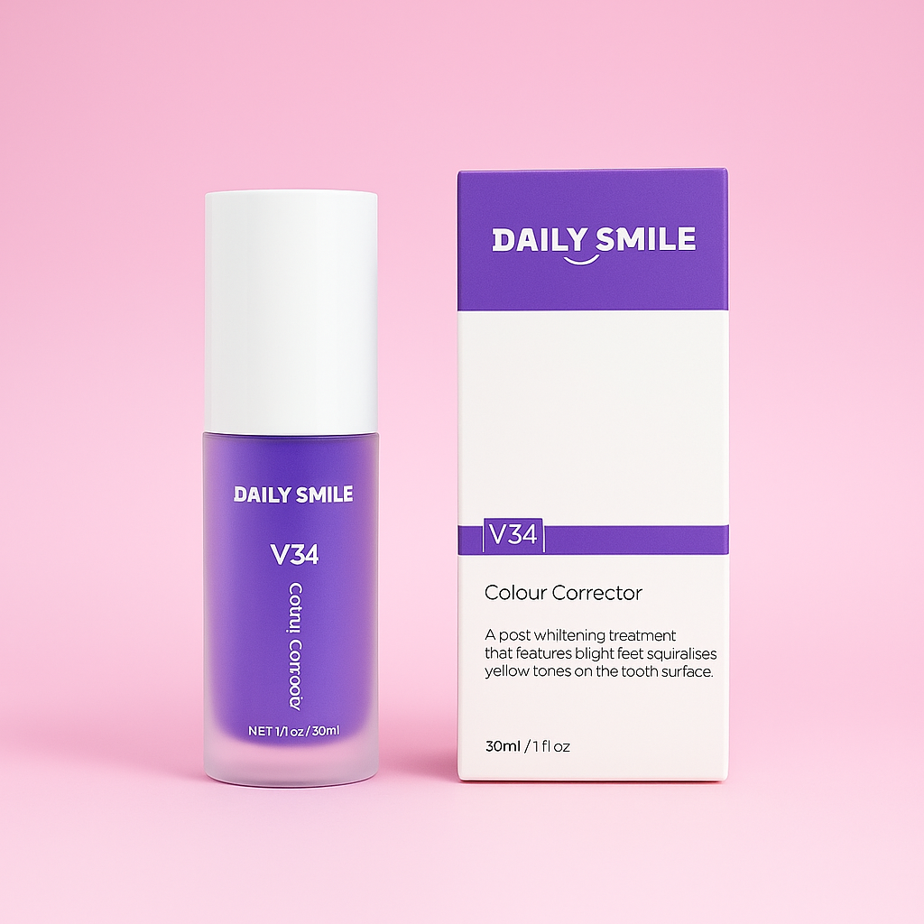Daily Smile V34 paarse tandpasta met doosje op een roze achtergrond