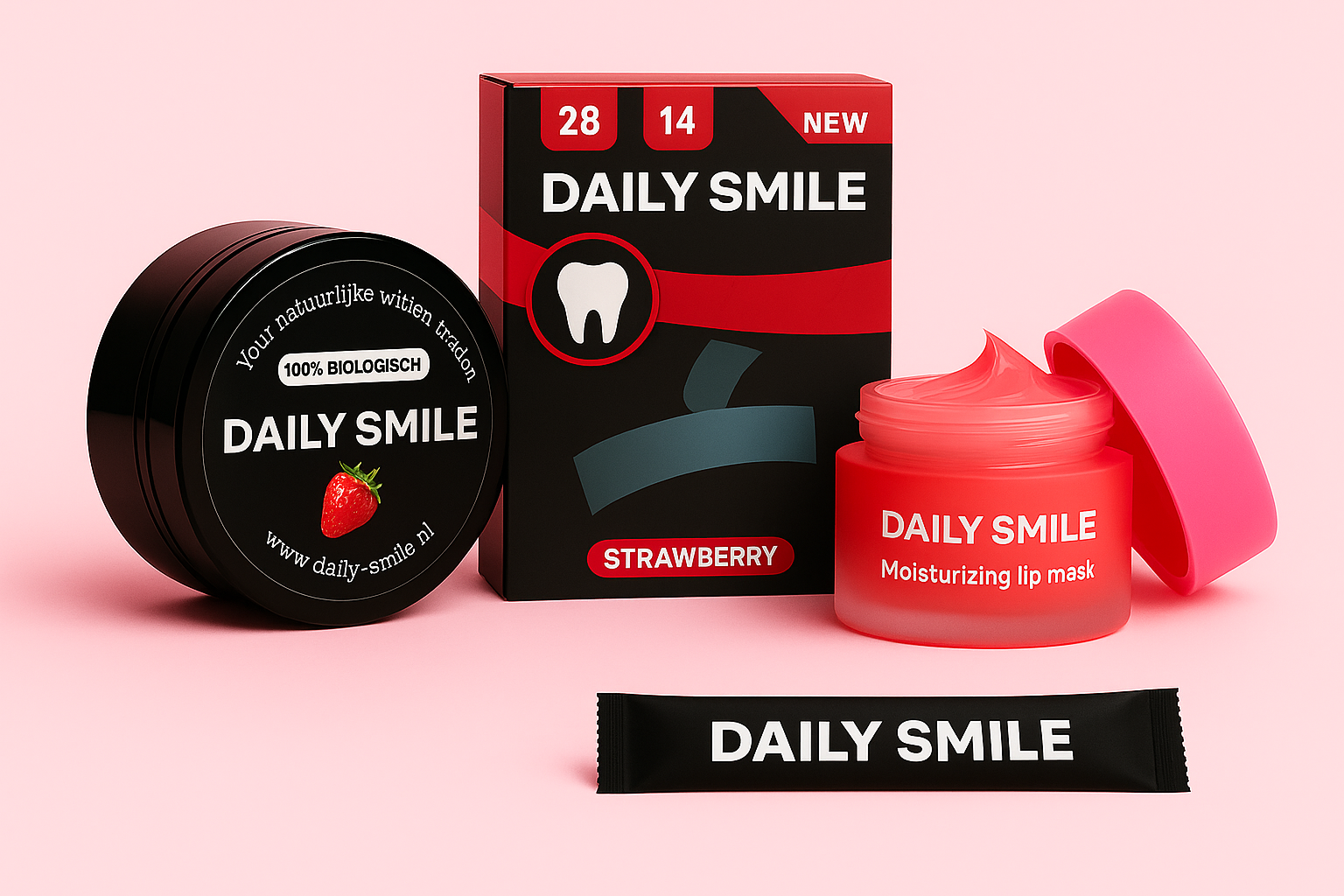 Glow Smile Bundle | Aardbei Whitening strips, aardbei charcoal poeder en de lip mask