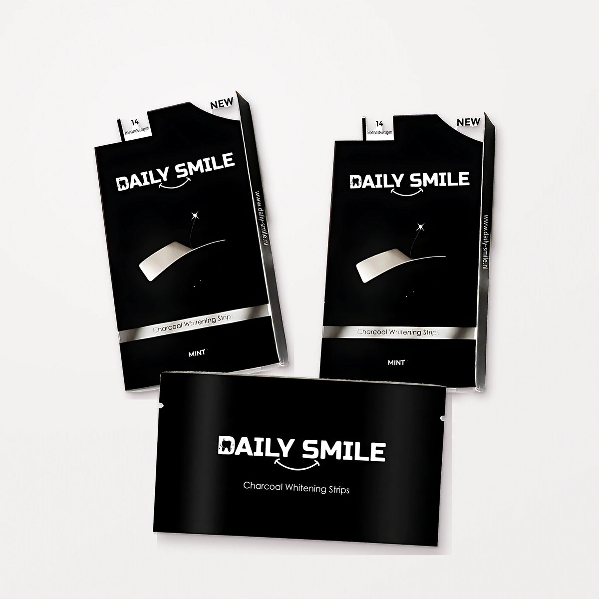 Daily Smile Tandenbleekstrips DUO, 2 doosjes Mint met een zakje strips, van bovenaf