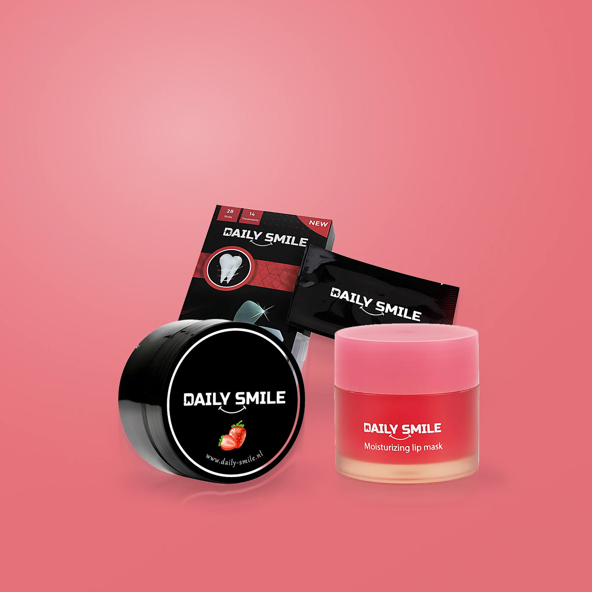 Daily Smile Glow Smile Bundle op een koraalkleurige achtergrond