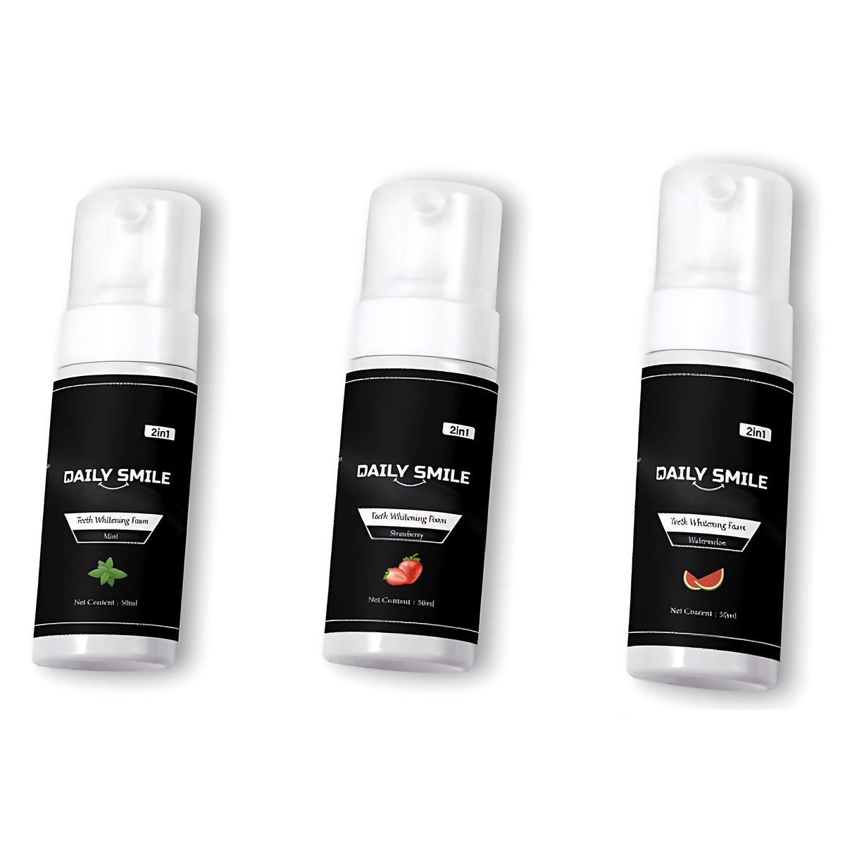 Daily Smile tandenbleek schuim in Mint, Aardbei en Watermeloen naast elkaar