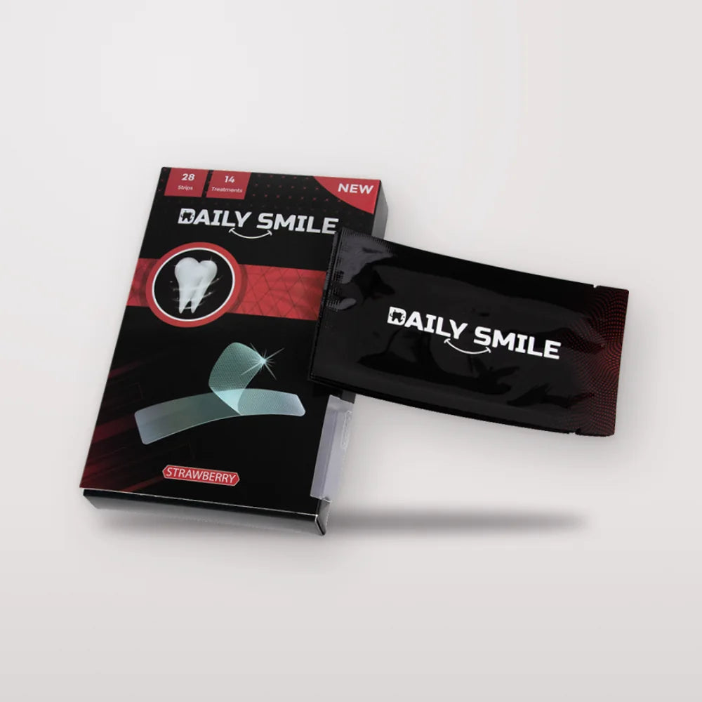 Doosje Daily Smile tandenbleekstrips Aardbei met een zakje strips
